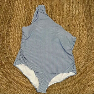 J crew one piece swimsuit/4 ruched one shoulder one piece seersucker stripes